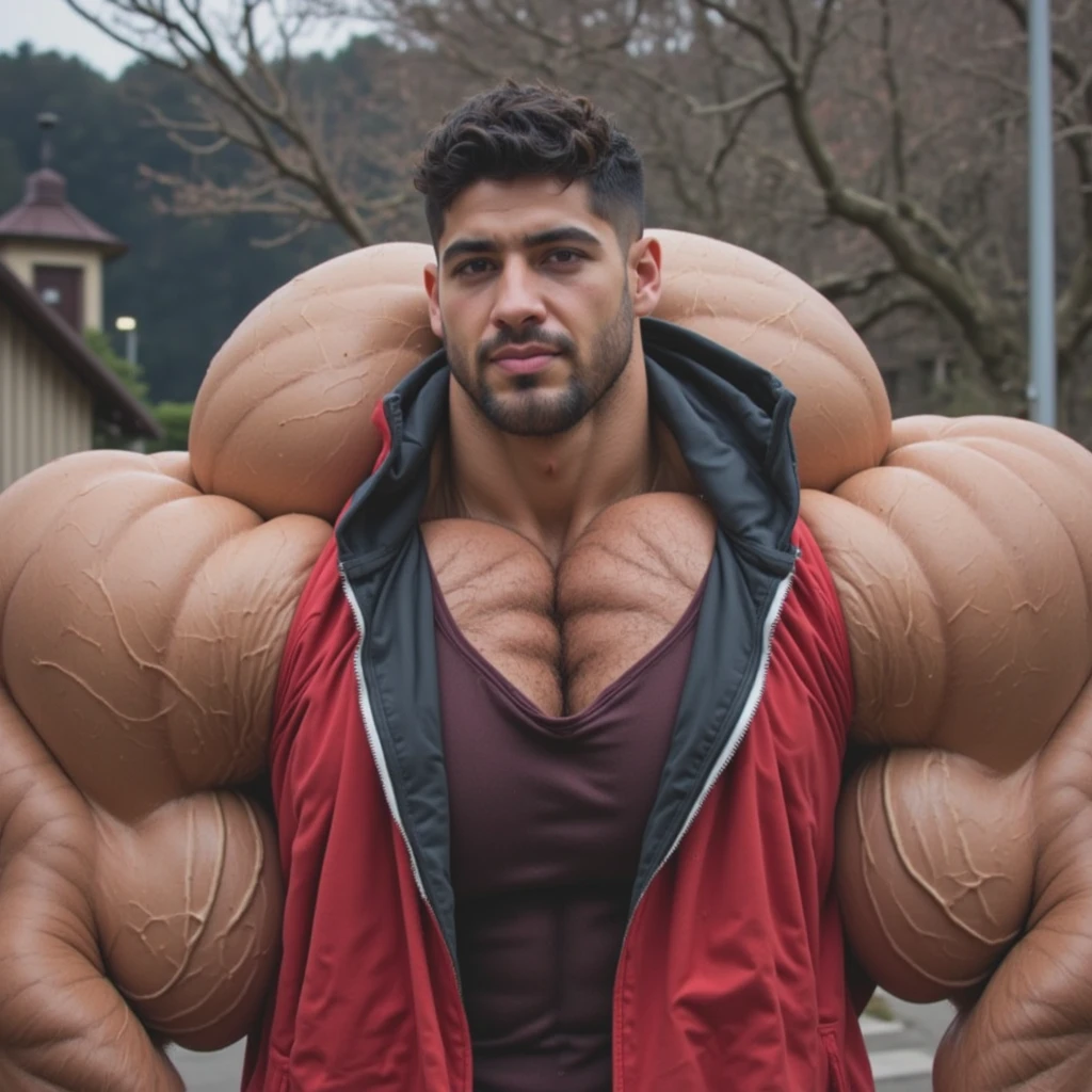 full view full body, A white bodybuilder male with undercut light-brown haircut, is wearing a tight lycra dark-green shirt and dark-green lycra shorts, green lycra socks and white trainers , showing his over-Muscular arms up .he has enormous swollen pumped muscles and huge cannonball triple-biceps bigger than his head with enormous over-inflated pecs and extremely wide shoulders and back.. swallowed on the ground, frightened, badly beaten with marks of blows on face, deserted street