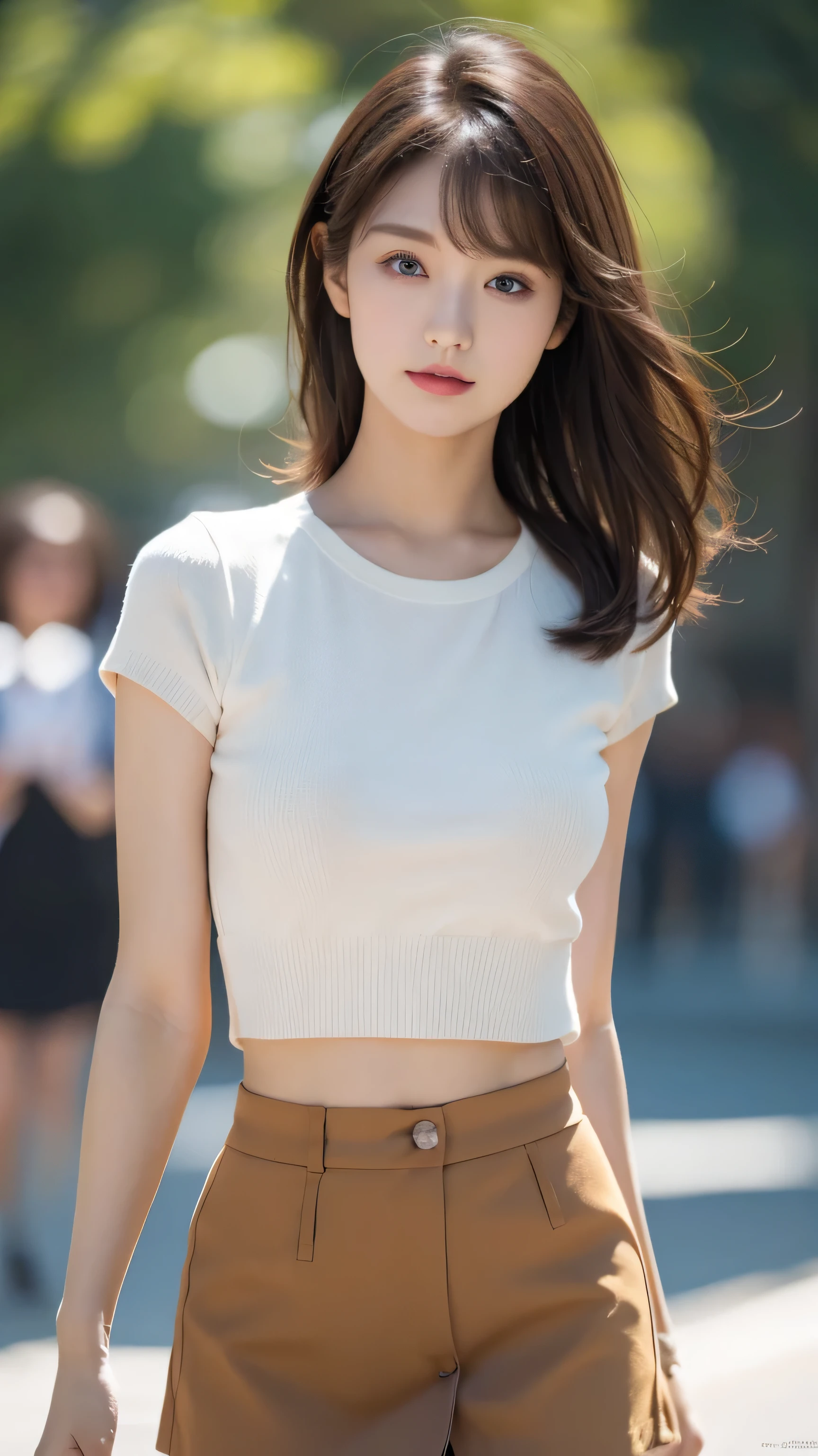 40-year-old Taiwanese woman，Height 175 cm，single eyelid，round face，short brown hair，White tight T-shirt，Big sagging breasts，，Pleated Skirt , Practical，Cinematic feel，Look at the audience，Upper body close-up，raw, best quality