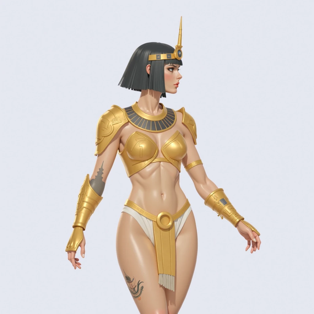 ((side profile)), ((full body view:1.4)), ((masterpiece)),(((best quality))), ((egyptian empress, mature face)), ((middle eastern eyes:1.4)), ((golden gown)), (((septum piercing)), defined cheekbones, high cheekbones, illustration, muscular, ((gold:1.4)), sexy bimbo, (gigantic breasts:1.7) ((long Egyptian headpiece)), black hair, ((detailed face:1.4)) beautiful woman, (egyptian:1.4), colored skin, (black skin:1.4) , (red lipstick:1.4), shiny skin, ((skindentation)), scribbles and marks,(puffy lips:1.4) , (temple: 1.5), ( at night: 1.5), rough sketches, pose, 8k,16k, ( background, white background: 1.3) ((warm color palette)), ((future model aesthetic))
