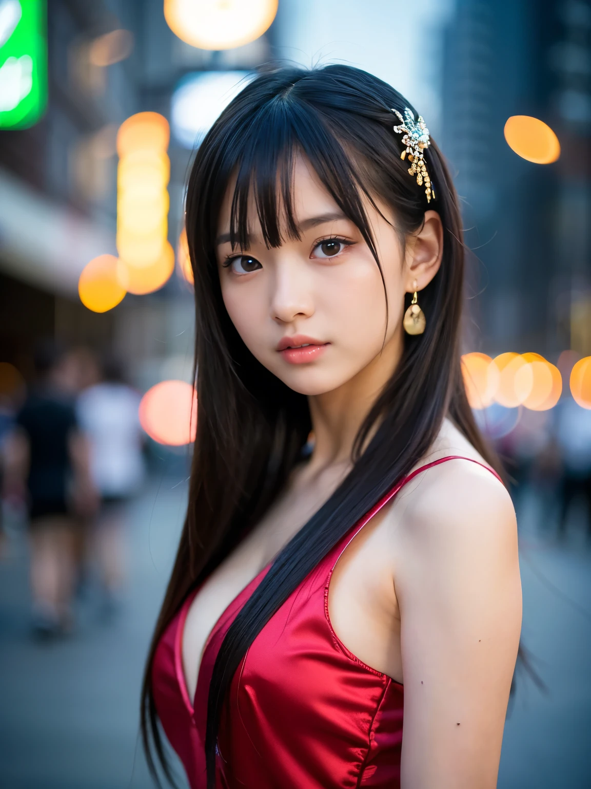 (Best-quality, Masterpiece, Ultra-High-Resolution, (Photorealistic:1.4), Raw Photo, depth of field, professional lighting, perfect anatomy, extremely details), (at midnight, on Japanese-main-street), 1girl, 15-years-old, the most famous Japanese idol, (((wearing summer-dress with sexy-design))), (((drunk, embarrassed))), dynamic pose, ((((extremely beautiful and extremely realistic skins)))), (extremely cute face like the most popular Japanese idol), ((((extremely cute and extremely big black-round-eyes)))), (extremely beautiful black-long-hair), (extremely cute long-eyelashes), (extremely cute lips), (perfect body)