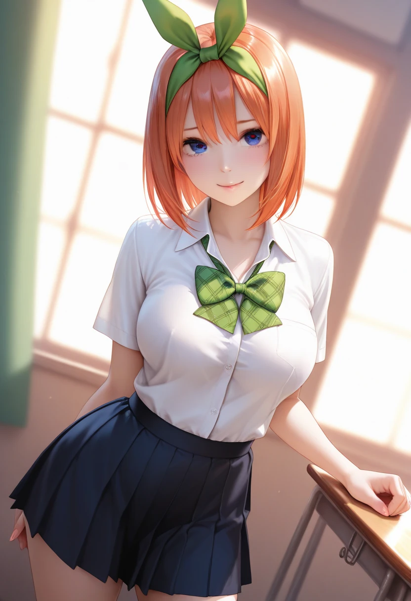 sit in Sauna room , Sauna room , steam , waistband of skirt is at the point above chest , plaid skirt , pleated skirt , Tight shirt , white Shirt , school girl , skirt under breasts , skirt is near breasts area , skirt is adjacent to the chest , (masterpiece, best quality, hires, high resolution:1.2, 4k, 8k , high quality), extremely detailed, realistic, intricate details, highres, 1girl, solo, (large breasts, thick thighs, wide hips), arched back,(cinematic lighting, sunlight, perfect lighting, backlighting), eye-level shot, extreme close-up-shot, looking at viewer, , green skirt nakano_yotsuba_ecsta, blue eyes, orange hair, hair ribbon, nakano yotsuba, short hair, green ribbon, hair between eyes