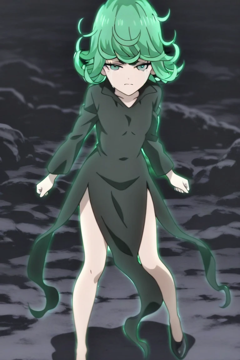 Anime girl with short green fluffy hair with white shirt and white pants with dark and slim body with big boobs standing in the big black home with brown horns with long white socks