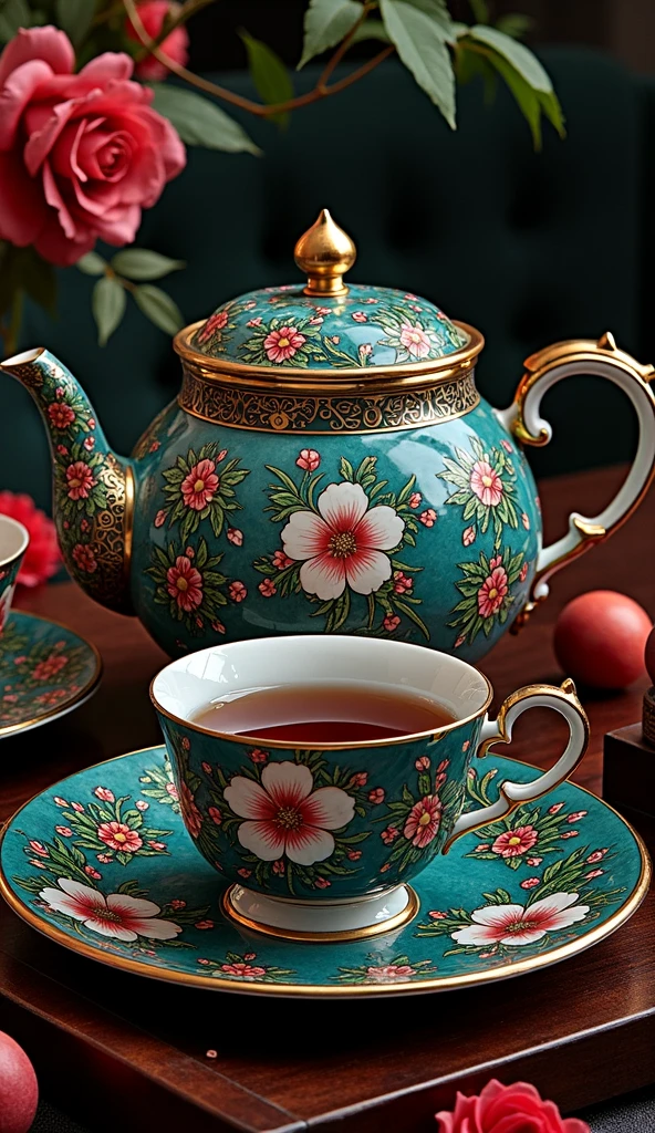 tea drinking with flowers on the table, in thestyle of dark teal and dark brown, cherry blos-soms,asian-inspired，grandiosecolorschemes, sky-blue and green, textural rich-ness.