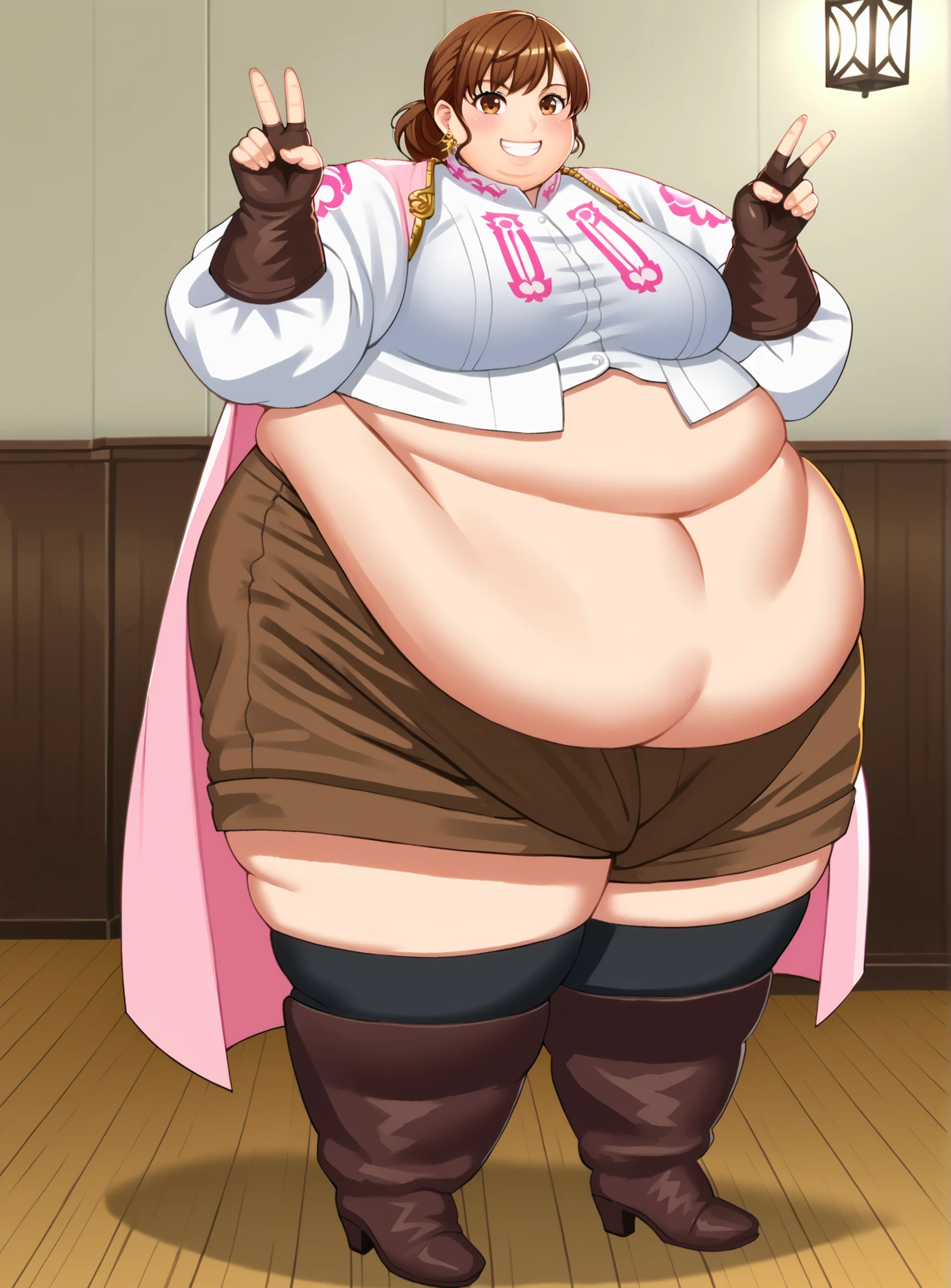 score_9, score_8_up, score_7_up, score_6_up, score_5_up, score_4_up , BREAK source_anime, ,anime screencap,anime_coloring,anime_lineart, asunapink, smile, gloves, brown eyes, jewelry, earrings, shorts, thigh highs, boots, fingerless gloves, white shirt, smile, midriff, crop top,v_sign ,indoors, coat, full body, SSBBW, 500 lbs.