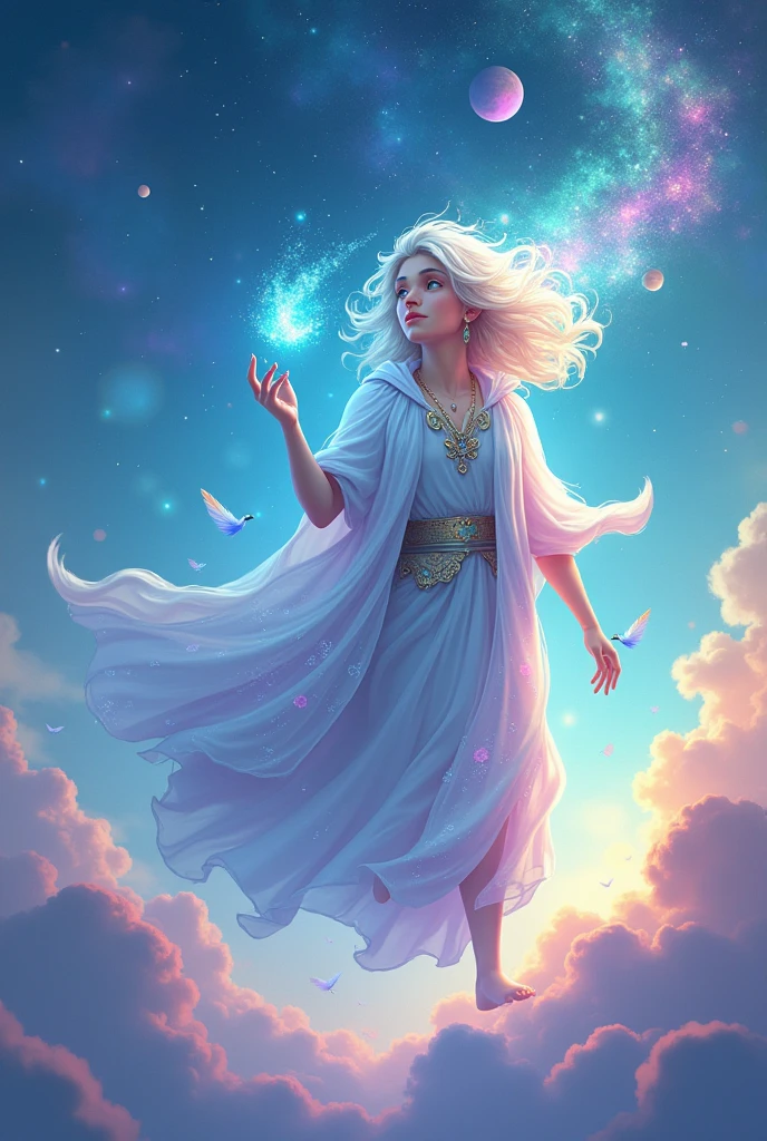 (Ultra-detailed face, looking away, Fantasy Illustration with Gothic, Ukiyo-e, Comic Art, Rich colors, Starry Sky), 
BREAK 
(A female dark elf bard dances and jumps in daring poses, holding a harp and playing it as she twirls around and around on the hilltop.), 
BREAK 
(Here, on a grass-covered hill in the middle of the night in early summer, under a starry sky with the Milky Way twinkling, many elves are hopping, dancing, and singing around the bard.), 
BREAK 
(Elves: A young-aged female dark elf bard has long, messy silver hair, blunt bangs, dark purple skin, and lavender eyes.), 
BREAK 
(Elves: A dark elf female bard wears a floral crown, a sapphire silk cape dress with lace and embroidery, and red sandals.)