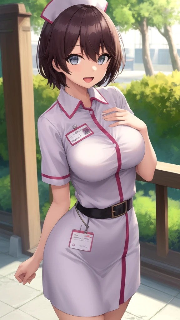 highest quality, High resolution,Anime Screen Capture, green eyes, Light pink sci-fi suit、nurse、obesity、belt、thigh boots ,(huge breasts:1.2), blush, (embarrassing), :d, dark brown hair, bob cut、(((hand on chest)))、(Are standing)、((Red-rimmed glasseedium hair))、roof of the building