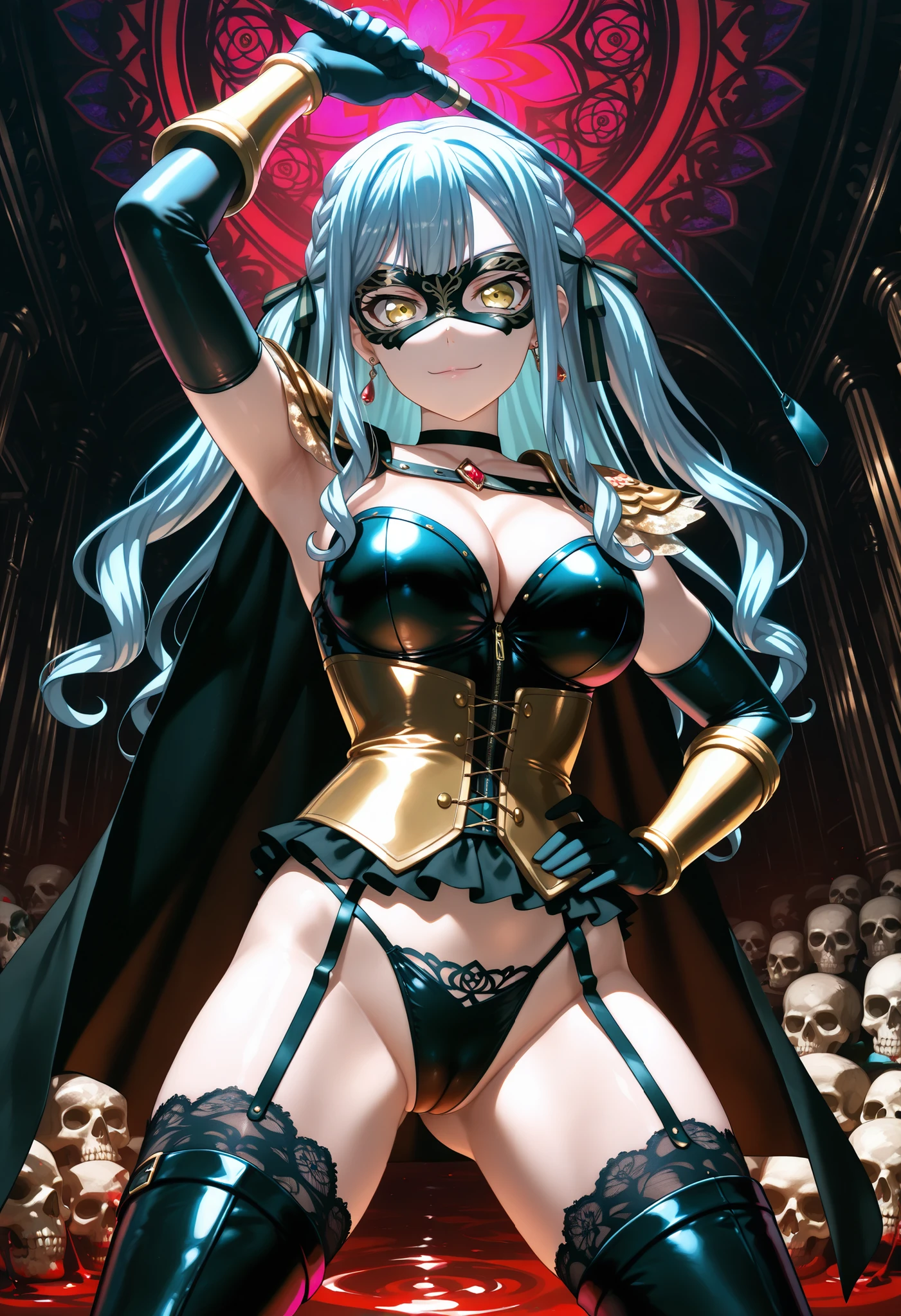 masterpiece, best quality, highres, newest, (1girl, tall, solo, togawa sakiko, oblivionis /(bang dream!/), bang dream!, blue hair, long hair, two side up, sidelocks, braid, blunt bangs, blunt ends, hair ribbon, black ribbon, yellow eyes, earrings), detailed face, face focus, ((black mask, domino mask, masquerade mask)), black choker with black gem, evil designed golden shoulder armors, black cape, large breasts, cleavage, black leather bustier, corset armor, gold corset with garter straps, lace-trimmed thighs, highleg black leather thong with cameltoe, black thigh boots), serious smile, glossy lips, closed mouth, looking at viewer, standing, spread legs, bowlegged pose, open stance, (latex black elbow gloves, gold vambrace, arm up, holding (long riding crop), other one on hip), cowboy shot, (evil altar room, corruption space, horror, dramatic lighting, river of blood, skulls, psychedelic_background, dark thema, fractal, mandala, glowing), upper body, (from below)