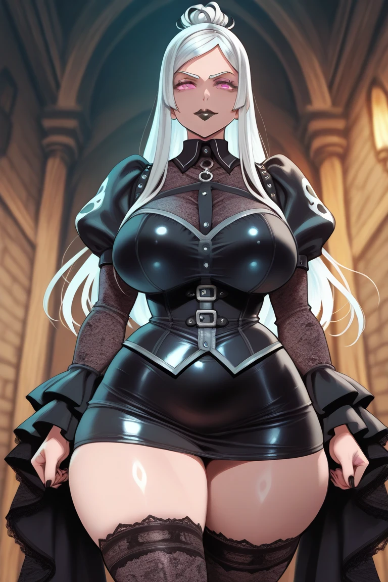dutch angle, cowboy shot, 1girl as female warrior in medieval armor, torso shot, large breast in a black corset, white hair, front view, shortstackBT, looking at viewer, arms along her body, hands behind her back, in HNKstyle, 80's anime