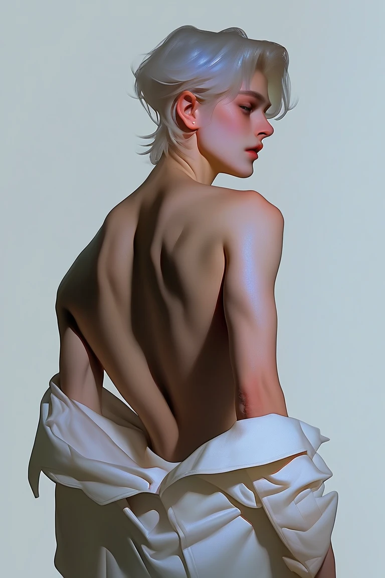 (1boy), femboy, (aesthetic:1.2), (realistic:1.25), ultra-detailed, (best quality, 4k, 8k, highres, masterpiece:1.2), portrait, soft lighting, painting-like, beautiful detailed eyes, beautiful detailed lips , slim figure, (femboy:1.2), (petite:1.1), (twink:1.1), light orange shirt, unbuttoning pants, revealing, white hair, blue eyes, (round ass:1.1), (rear view:1.1), (strip:1.1), (tease:1.1), (bottomless:1.1), (posing:1.1), (delicate:1.1), (boy), (man), (twink), (testicles)