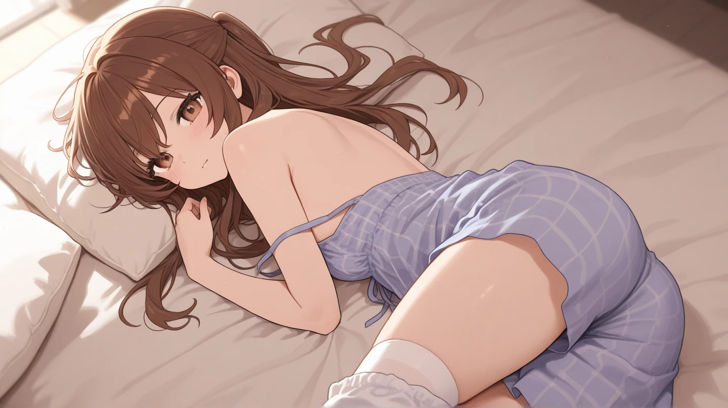 masterpiece, best quality, high resolution, 
(sleeping girl), Lying on bed,closed_eyes, 
private server, mini skirt,white panties,
top view, bed_sheet,add_detail:1,white panties見えてる,