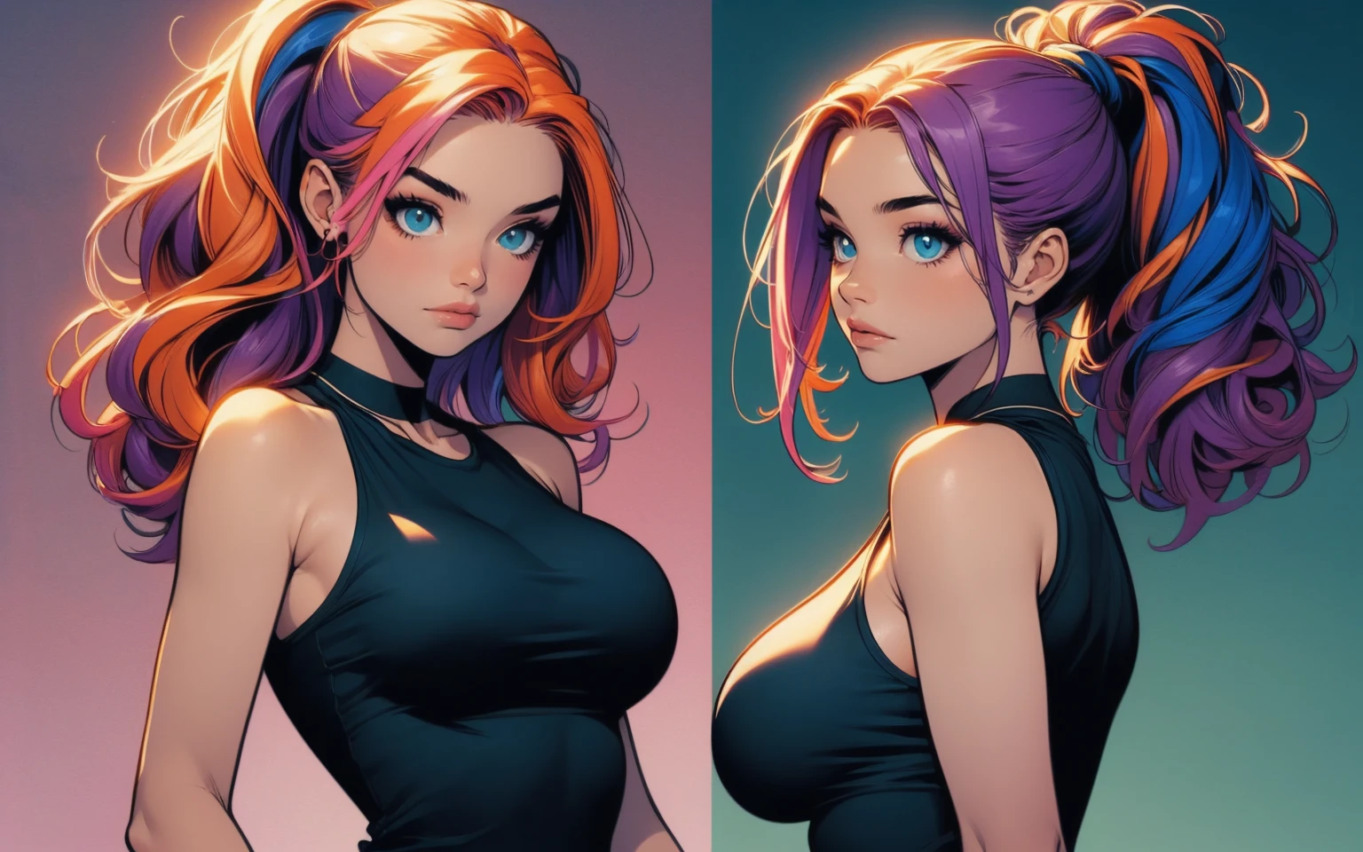 (character sheets) Lady Girl red hairs Large braids Green overalls barechested TITTIES Areola and nipple Buckboob