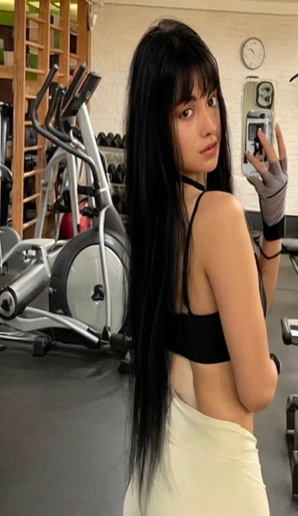 white girl, alone, taking a selfie in the gym, long black hair