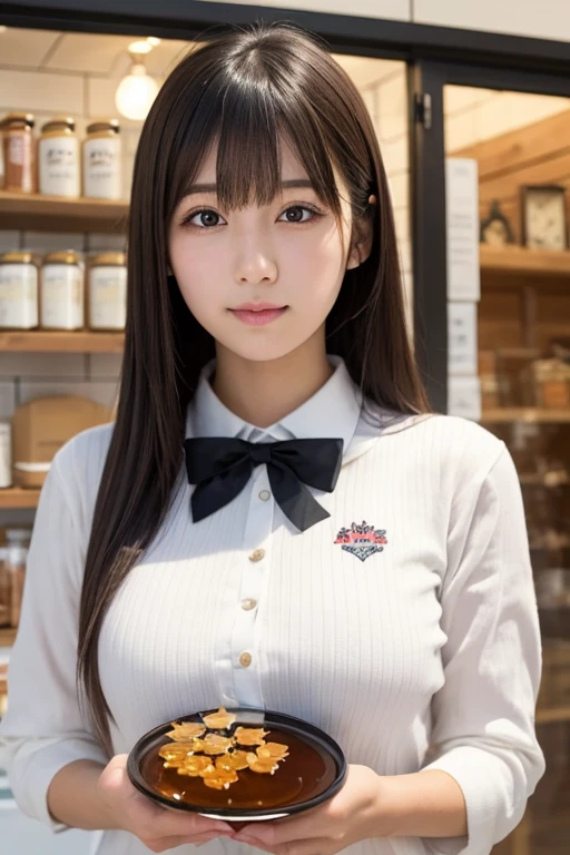 score_9, score_8, score_8up, score_7, Highest quality、masterpiece, solo、((Tight shirt, mini skirt, uniform, Summer clothes)), Large Breasts, ((Layered Haircut)), Slim body, Slim face(8k,Highest quality),Full Body Shot,Shot from medium distances,cafeteria, Daytime、 adorable, smile, Long brown hair, 32K, masterpiece, Best image quality,Ultra-high resolution,Perfect hands,Black choker、Almond Eye、bangs、Very thick and long eyelashes, ((Big Breasts))、Coffee shop、Behind the Desk、Across the table、Tabletop