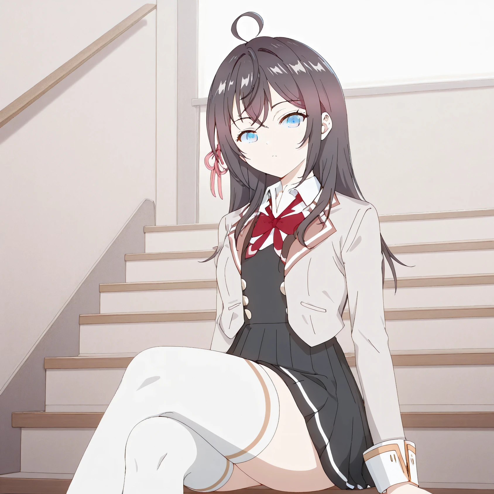 1girl, Black Hair, looking at viewer, alya, ahoge, long hair, sidelocks, light blue eyes, school uniform, collared shirt, white shirt, red bowtie, grey blazer, long sleeves, black skirt, miniskirt, open jacket, white thighhighs, buttons, pinafore dress, black dress, Sitting on the stairs, crossed legs
