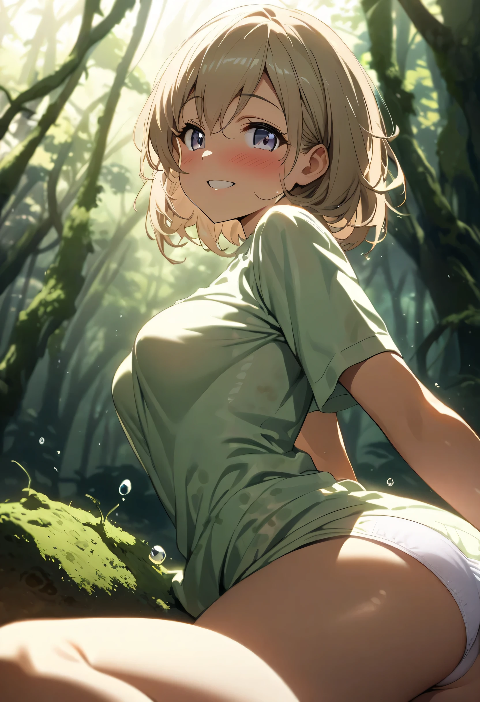 sfw,Girl with blonde hair and freckles,Girl swiming In The forest's river,1girl in,Blonde hair,Side tail,offcial art,Unity 8k,ultra-detailliert,Beautiful and aesthetic,masutepiece,top-quality,dynamic ungle,cowboyshot,Timost Beautiful Chaos Formo,Elegant,Abralist Design,vivd colour,romanticism,watercolor paiting, bra,((underwear))