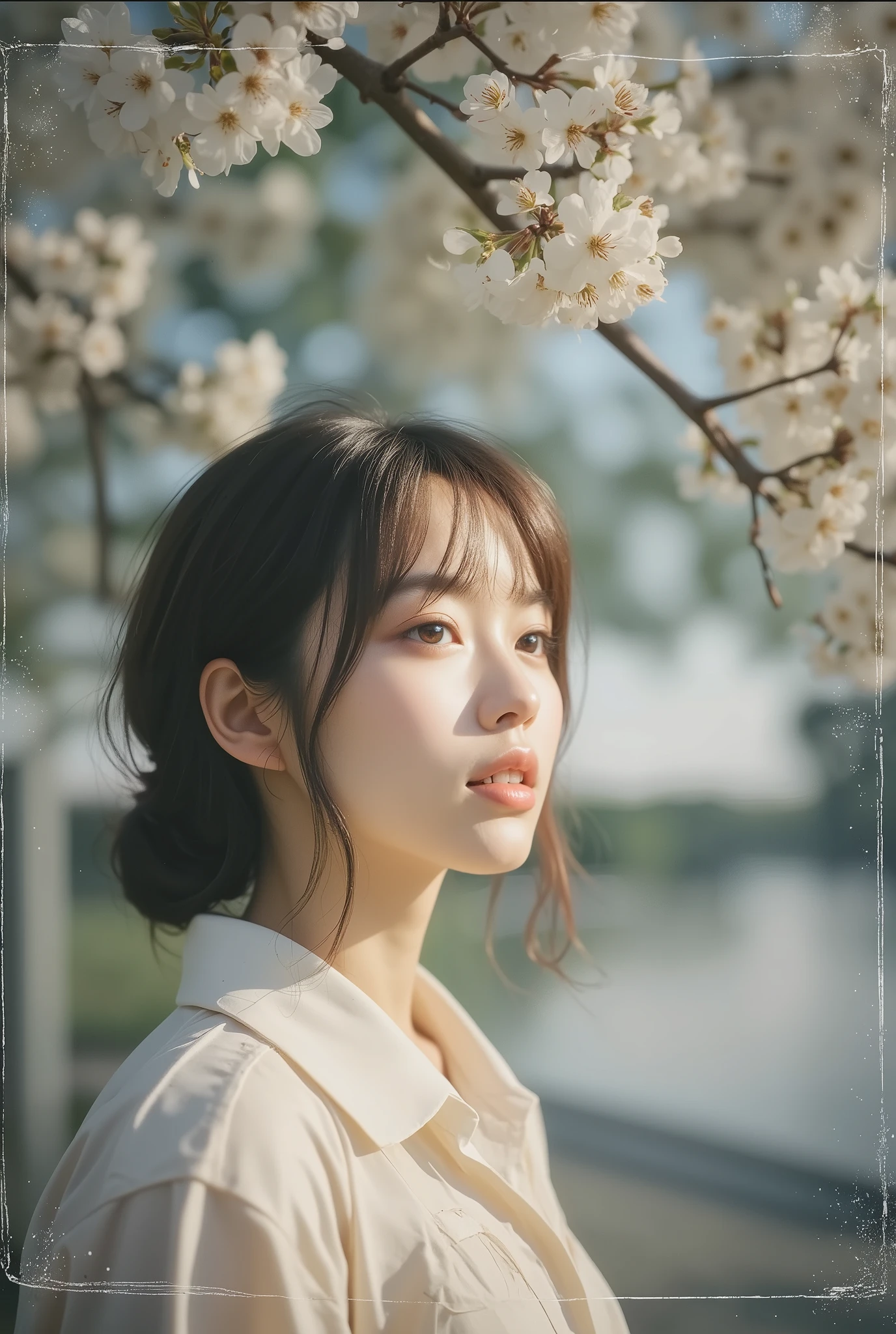 old photo, vintage, antique, beautiful Essent,
It's burned into faded memories,Fluttering Cherry Blossom Affection,
Wrinkled crease, antique scratch, DOF