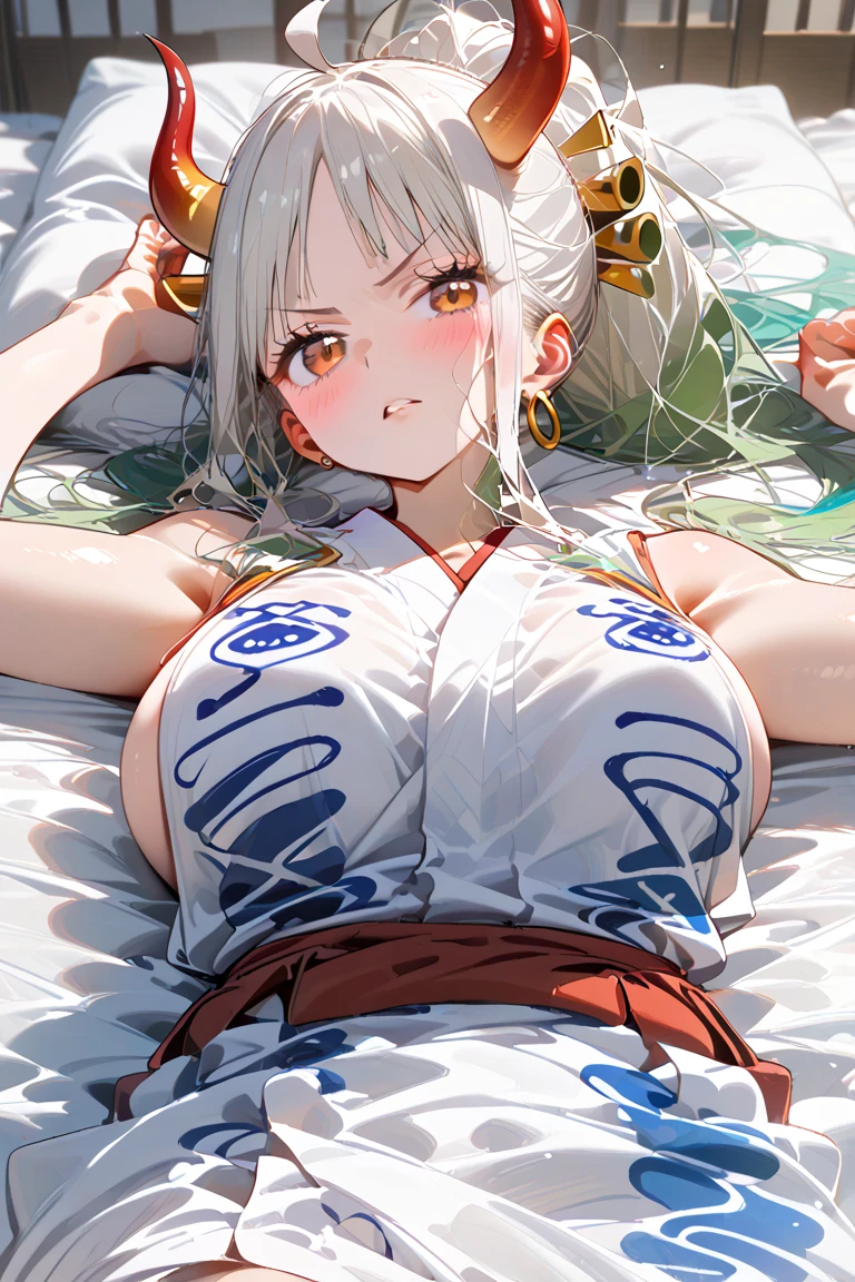Masterpiece, Best quality, 1womanl, A high resolution,  Beautiful girl ,  yamatowanpi，Large breasts，cleavage，White color blouse，looks into camera，Bust photo，Raised sexy，Be red in the face，Sea background