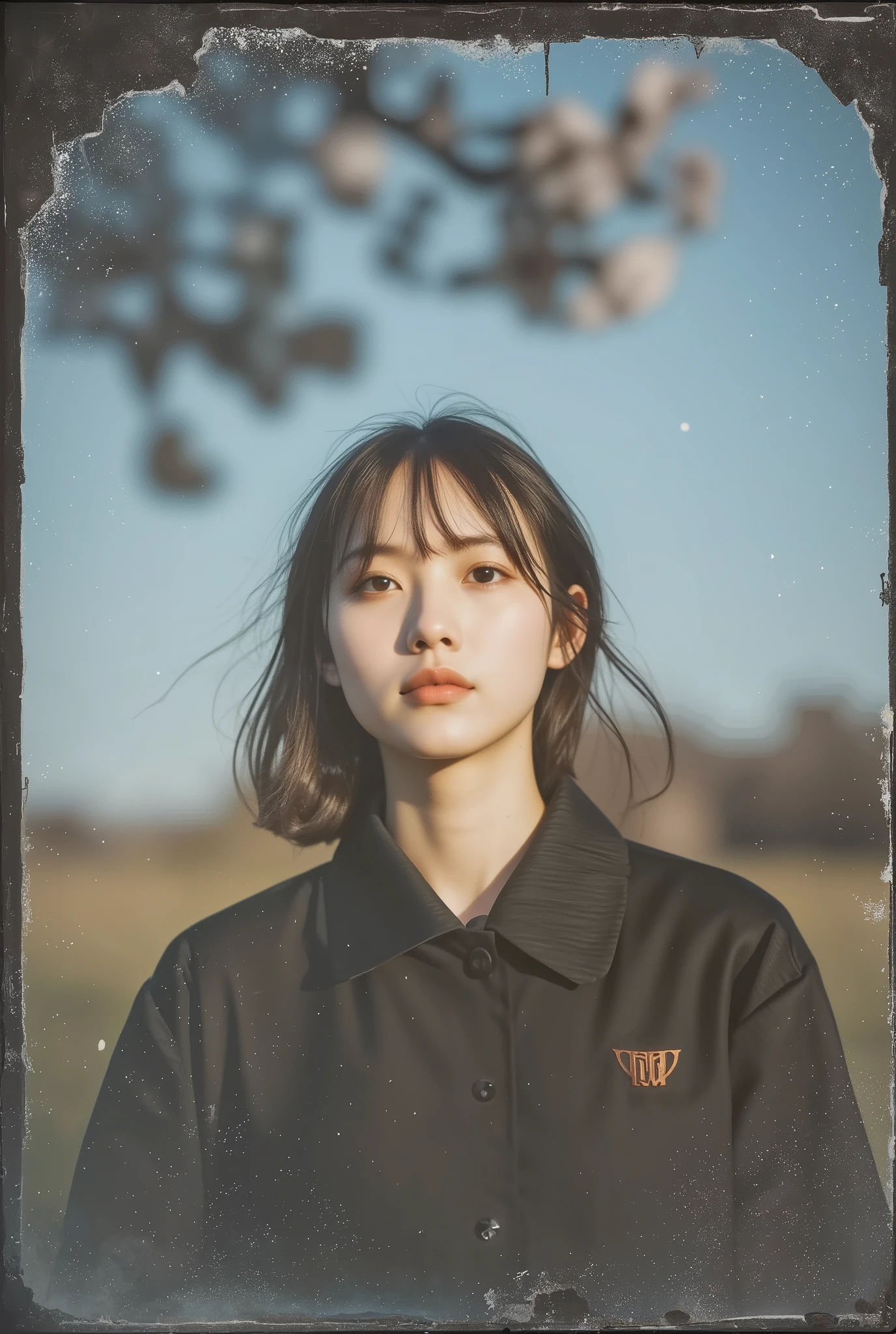 old photo, Negative film shades, vintage, antique, beautiful Essent,
It's burned into faded memories,Fluttering Cherry Blossom Affection,
Wrinkled crease, in an antique frame、It's covered in dust, and only a beautiful smile has been wiped, DOF