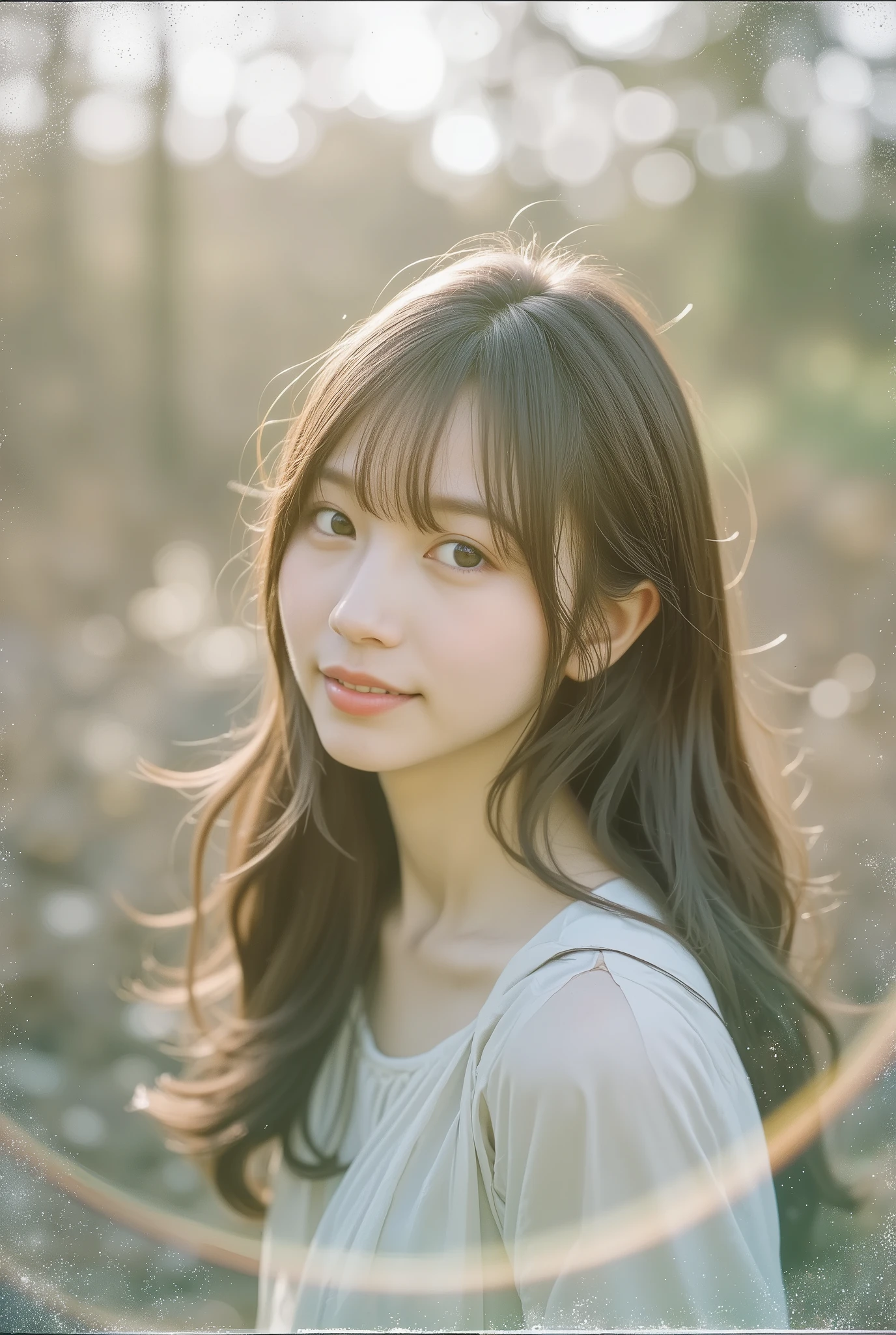 old photo, Negative film shades, vintage, antique, beautiful Essent, 
It's burned into faded memories,Fluttering Cherry Blossom Affection, 
Wrinkled crease, in an antique frame、It's covered in dust, and only a beautiful smile has been wiped, DOF 