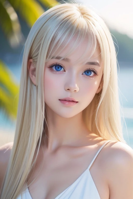 windy blonde hair、Sexy and beautiful、Very cute face、very long and beautiful straight blonde hair、Shiny and dazzling bright blonde hair、Very cute beautiful face、Sexy and cute beauty 1、Her bright pearl green eyes are cute、Beautiful transparent skin、Long bangs cover cute features、Beautiful babe with clear, beautiful dark blonde silky hair