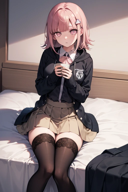 score_9, score_8_up, score_7_up, solo, 1girl, nanami chiaki, expressionless, looking at viewer, sitting, couch, holding handheld game console, nintendo switch, hairclip, black jacket, long sleeves, two-tone shirt, neck ribbon, brown skirt, thighhighs, backpack, indoors feet, soles, very dirty soles, very detailed wrinkled soles,disgusted face, closeup on soles