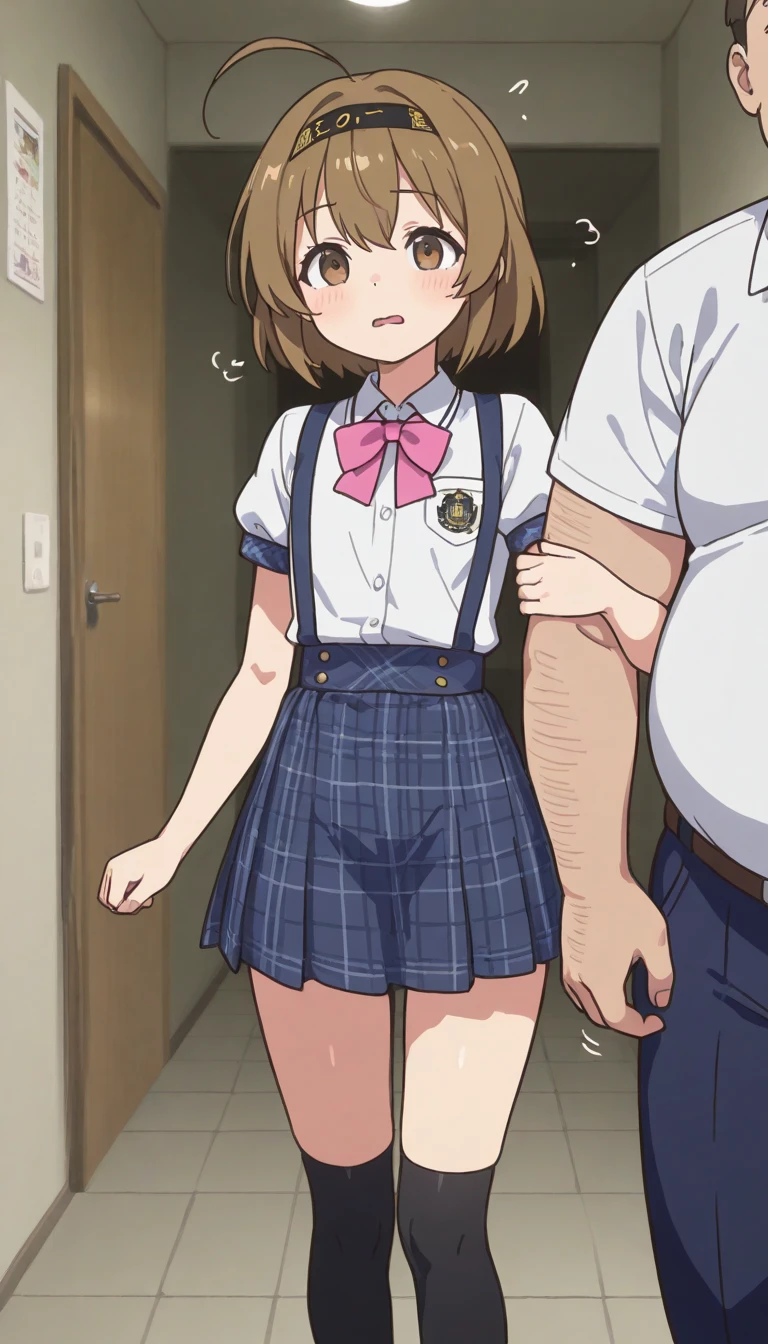 score_9, score_8_up, score_7_up, (anime colors:1.2), Kasugano Urara, blonde hair, twintails, pink scrunchie, brown eyes, full body, indoors, school bathroom, small breasts, petanko, blush, nose blush, multiple boys, surrounded by many fat men, penis, erect penis, looking nervous, micro bikini, stripped bikini, standing, fat men, perverted look, uncensored,
