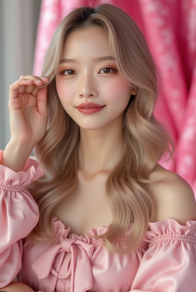Completely naked Beautiful breasts nude Realistic, masterpiece, Highest quality, Highest Resolution, Japanese , 16 years old, Upper body photo, She narrowed her eyes.、Look at me with a shy smile, Laughing with your mouth open, Beautiful and detailed eye drawing, (Droopy eyes:1.3), Iris, Thin eyebrows, Draw eyelashes carefully, Small teeth visible, Gal Makeup, (Pink gold wavy hair, Medium Hair, middle part:1.3), (Hidden eyelid wrinkles:1.3), Beautiful breasts nude