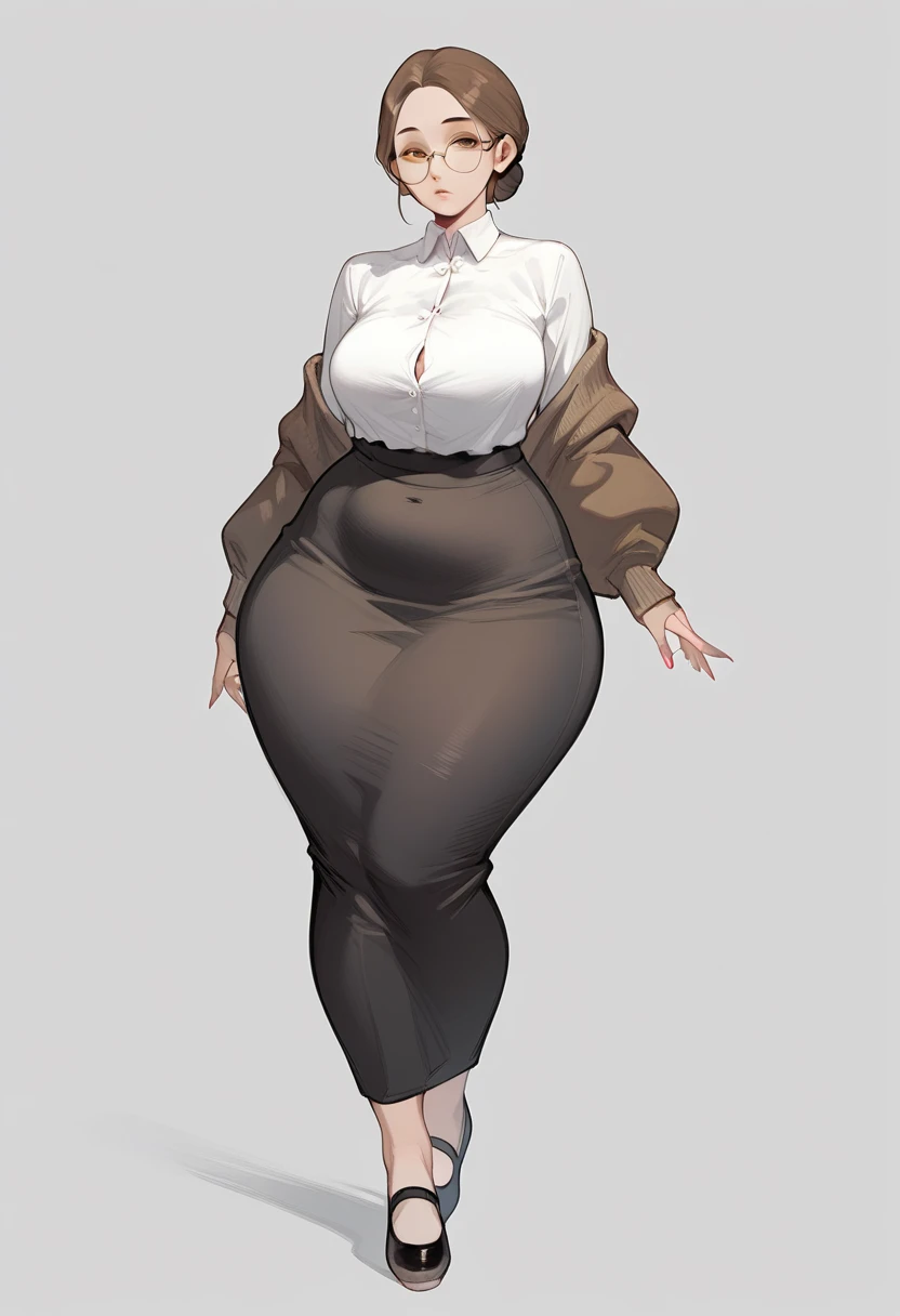 Nerdy girl, thick glasses, messy hair, gigantic breasts, extremely wide hips, baggy clothes