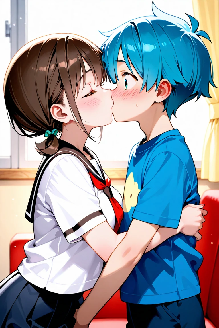 A cute girl with a big chest, dark blue hair, mini Bob, her tenderness, her light orange eye, she wears a white shirt with blue ribbon, a black chest, a school sweatshirt and a dark blue metallic skirt, huge thighs, a sexy butt, she kisses her boyfriend, a young boy.