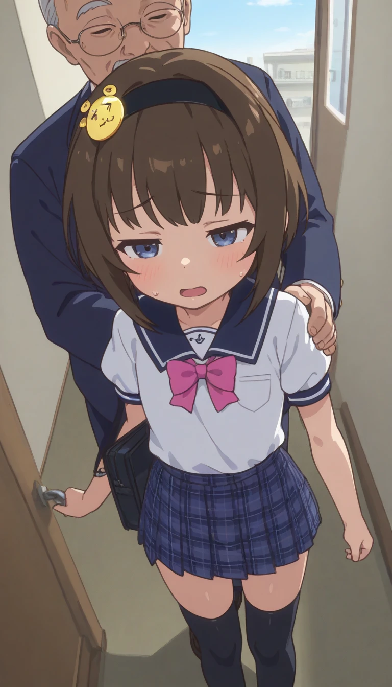 score_9, score_8_up, score_8, source_anime, 1girl, chibi, brown hair, brown eyes, twintails, short twintails, short hair, hair ribbon, purple jacket, blue shirt, chubby, ,bottomless, top down bottom up, ass, arched back, blush, half-closed eyes, head down, face down, dark background, prone bone, prone sex, boy on top, sex, anal sex, sweat, faceless male, bottomless, bare ass, sex, sweat, faceless male, bottomless, bare ass, erect penis, semen trail, half-closed eyes, full-face blush, looking away, tears, panties around one leg, rape, hand on another's head, bedroom floor, official art, parody, megami magazine,