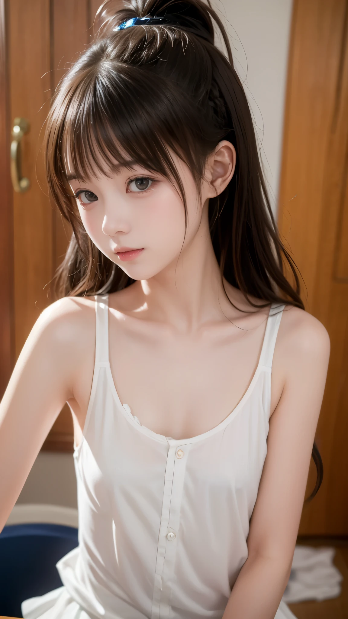 (1 girl, alone, Japanese Girls), ,highest quality, Tabletop, 8k, High resolution, Super detailed, (Portraiture), , Black Hair, short hair, Hair Clip, Shiny skin, Flat Chest,, (Middle school students:1.5, Swimwear