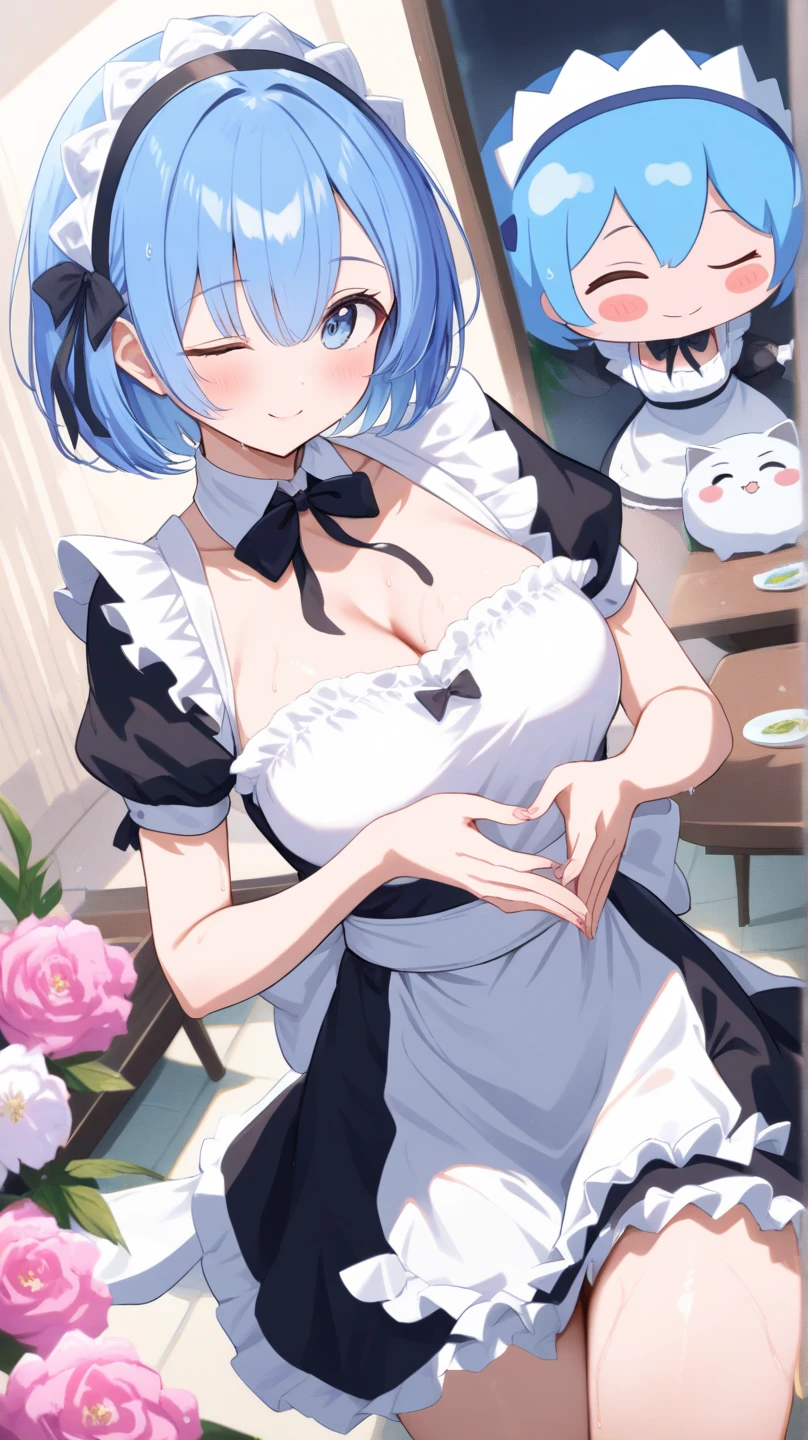 Re:Zero&#39;s Rem、light blue hair、short hair、table top、High resolution、many girls multiple girls、large crowd、lots of cute girls、big and full breasts、naughty body、See-through、throw、、whole body、Are standing、Look up at me、confused face、blush、black pantyhose、female shape&#39;Private parts are clearly visible、I can see your nipples、white shirt、navy check skirt、micro mini skirt、very short skirt、Department store、shop、Many people々々、in the crowd、bare chest、show your chest、from below、Low - Angle、while holding the tray、place the chest on the tray、Upper grade、A lot of milk comes out from the nipples、Breast milk gushes from the nipple、cat ears maid clothes、blue gingham maid outfit、With cup 、Breast milk drips from the nipples、Breasts wet with breast milk、The shape of a woman&#39;s private parts is clearly visible、view from a distance