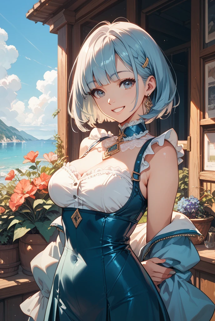 (masterpiece:1.3), (best quality:1.3), high resolution,
couboy shot,
leaning forward, body facing forward,
(one cute girl:1.3), solo,
white skin, small Breast, eight-headed person,
light blue hair, (bobbed hair:1.2), (short hair:1.1), (blunt bangs:1.2), beautiful hair, blue eyes, beautiful detailed eyes,
open mouth, heart, cheerful smile,
military, miniskirt, earrings,
flower garden, (white background:1.2), simple background,
shadowlighting,