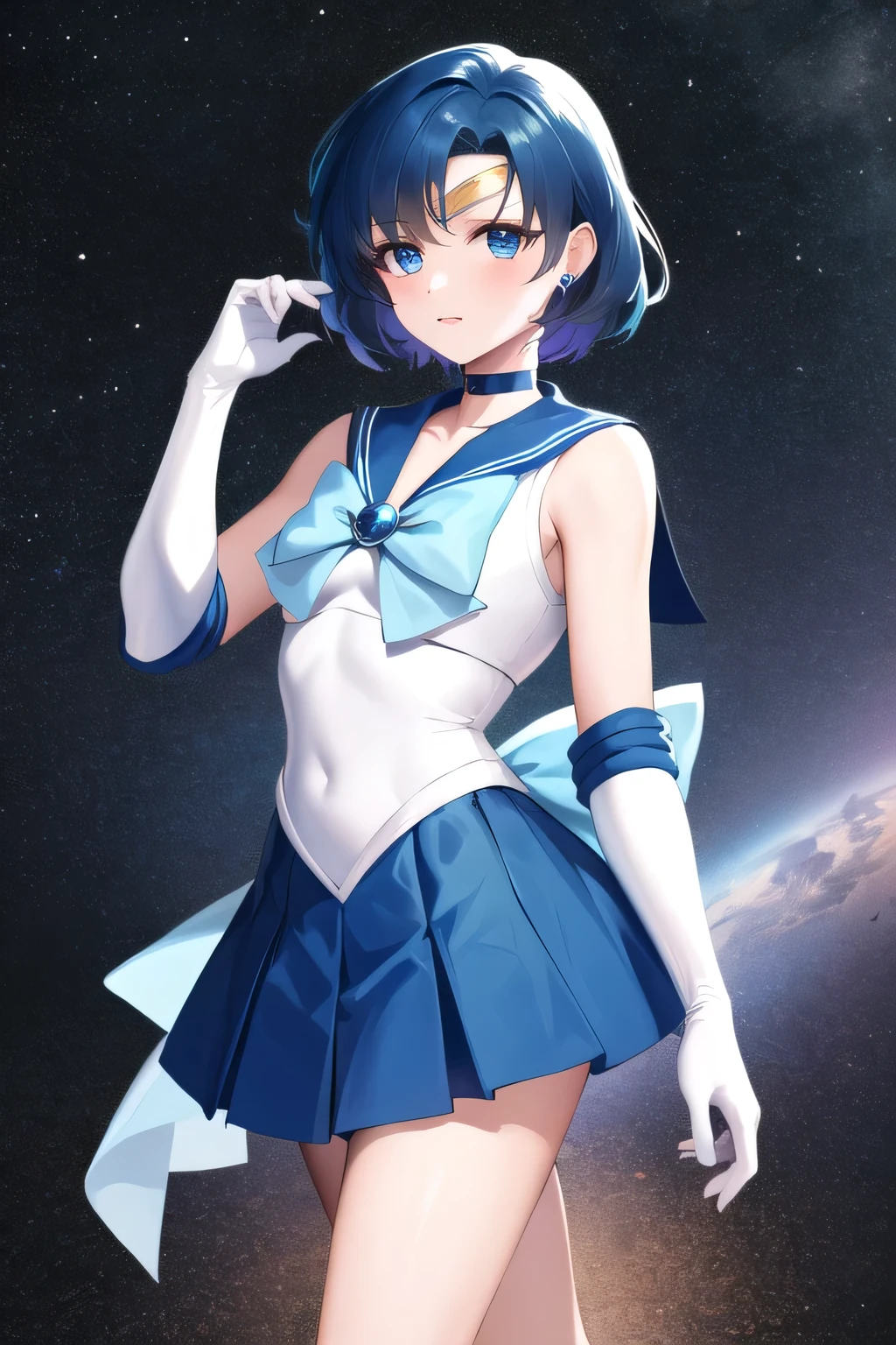 (alone, 1 girl), (ridiculous, high resolution, Official wallpaper, poster), (masterpiece, best quality:1.2), (illustration, actual), (perfect details, most detailed, Extremely detailed), dramatic light, Ami Mizuno, (sailor mercury, neck strap, blue hair, short hair, ring, jewelry, Crescent earrings), (City, starry sky), (white stockings, ,seduct smile, blush, permanent) (skirt, skirt)