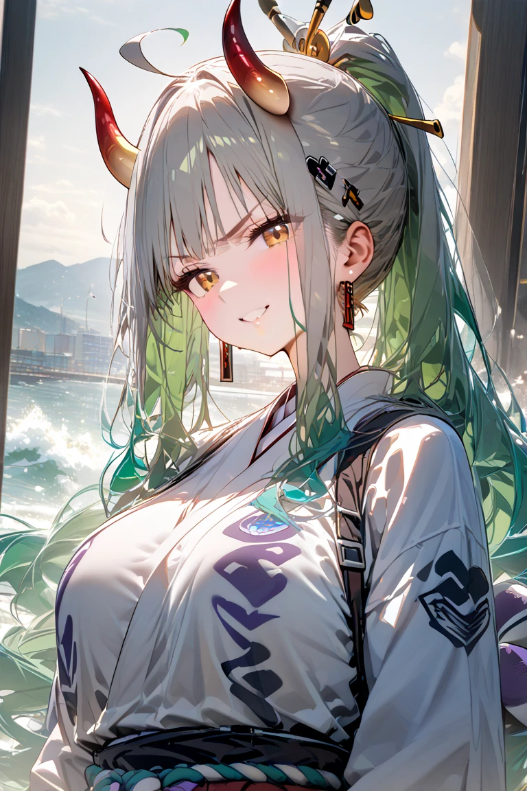 Style 9,1 woman, laying on sand, yamato one piece, white hair, pony tail, green hair at tip, horns, yellow eyes, detailed eyes, white clothes, red skirt, big breasts, mature body, culvage, illustration,beautiful background,whole body,high angle shot, from above, Beautiful photography pose,profile,view at viewer, high detailed wallpaper, high quality, masterpiece