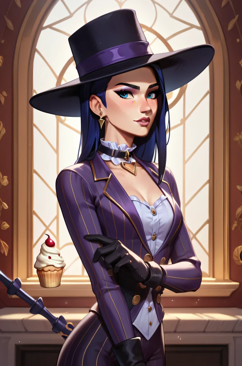 front-view shot, Caitlyn Kiramman, purple mafia boss outfit, wears dark-purple tailored long blazer coat, wool fabric with a slight sheen, accentuated shoulders and a tailored silhouette, gold buttons with filigree engravings, cream-white silk blouse with a slight stand-up collar, fine gold cupcake pinstripe structure, dark-purple high-waisted cigarette pants, slightly shortened crease above the ankle, pointed ankle boots made of black leather with gold details, cupcake necklace, mini shaped brooch on the collar of the blouse, leather gloves, small fedora with a narrow brim, charming shaped stud earrings, medium-small , high cheekbones, blue eyes, gripping oldschool black Chicago Typewriter, blue hair, slim body, perfect petite and athletic woman, focus on wonderful blue eyes, perfectly formed, masterpiece, beautiful face, perfect eyes, italian vino cellar, dark red wall, fireplace, big window, fullmoon,