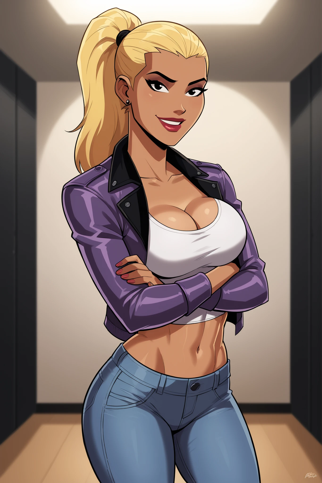 Thin woman, beautiful smiling, black latex v-neck t-shirt, denim skirt with brown belt, skin fair, blonde hair with ponytail, blue colored eyes, busty, arms back of the body. comic style.