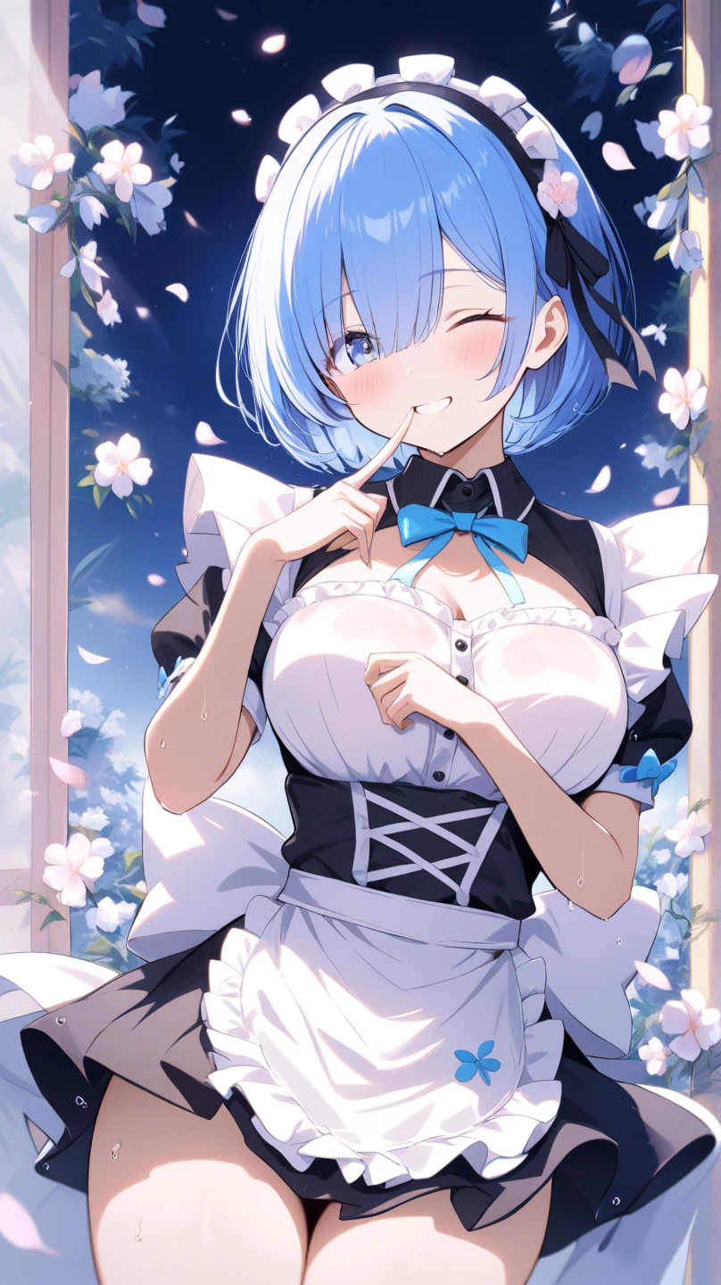 Rem from Re:Zero、light blue hair、short hair、table top、High resolution、many girls multiple girls、large crowd、lots of cute girls、big and full breasts、naughty body、See-through、throw、、whole body、Are standing、Look up at me、confused face、blush、embarrassing、Excited、white breath、black pantyhose、female shape'Private parts are clearly visible、I can see your nipples、white shirt、navy check skirt、micro mini skirt、very short skirt、bakery、Outside the store、spring、Cherry blossom trees、SakuraFubuki、Many people々々々々々々、in the crowd、bare chest、show your chest、while holding the tray、place the chest on the tray、Upper grade、A lot of milk comes out from the nipples、Breast milk gushes from the nipple、猫耳waitress服、waitress、blue gingham maid outfit、bangs that cover one eye、pink hairpin、