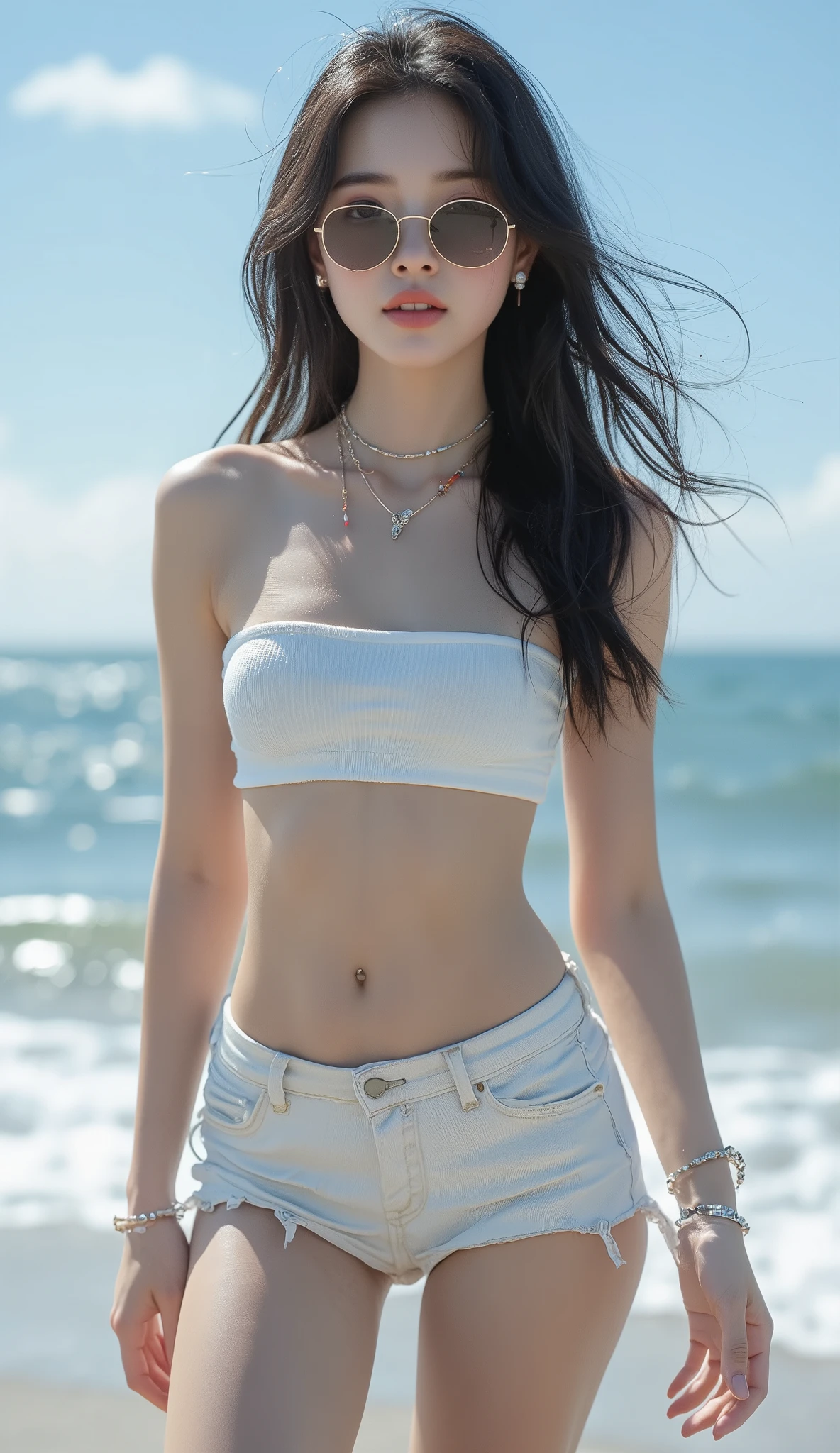 (logo、masterpiece、8k、Tabletop、RAW Photos、wonderful、最high quality、Photorealistic and Very detailed CG integrated 8k wallpaper、high quality、Very detailed、Narrative poem、Particle Effects、Dynamic Effects、Written boundary depth、Cinematic Light、Lens flare、Ray Tracing)、Fantasy、 (One beautiful woman、White pants、White T-shirt、White tube top、White crop top、Black-haired、Beautiful Face、True Face、Beautiful details、eye、Beautiful Skin、Ultimate Body、glamorous)、私の髪はWindに舞う、Hair flutters in Wind、Hair bounces、Seaside、wonderful景色、Coastal、sunrise、Sun in the background、Wind、Beach