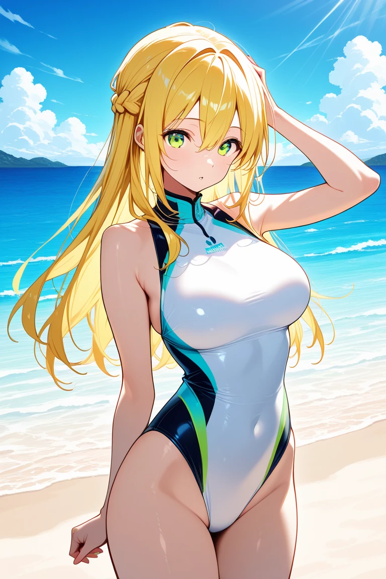masterpiece,best quality,1girl,mature female,lusamine,blonde hair,yellow eyes, half-closed eyes,very long hair,(hair over one eye:1.3), a come-hither face, parted lips, nose blush, blush, gold swimsuit(highleg), see-through, cleavage, covered nipples,glowing eyes,in the  beach, day,  standing, come-on,lure 