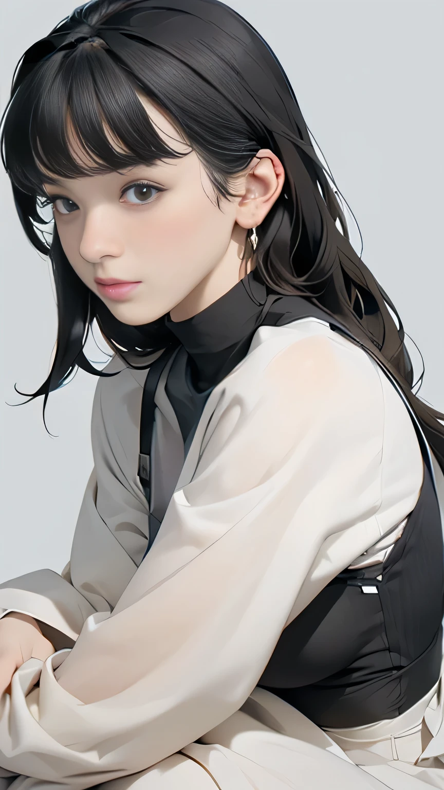 girl, black hair, blue eyes, white sleeve shirt,
