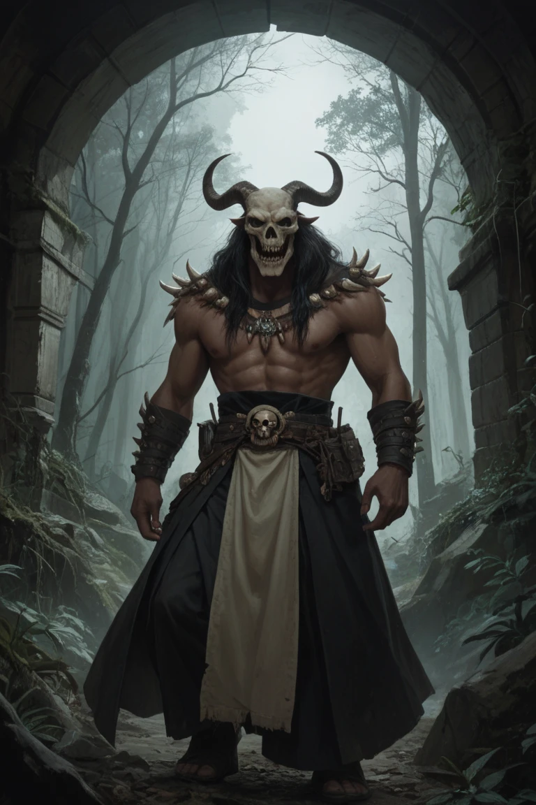 Adult muscular human body dark hair black eyes two swords with demon features with horns and fang