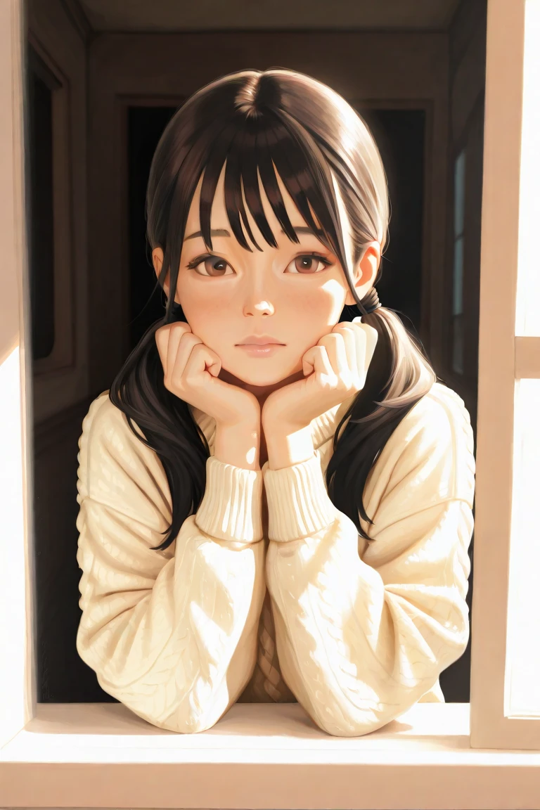 Standing under a cherry tree, Japanese Girls, , a bit, cute, (Pale pink oversized knit sweater:1.3), Sparkling Eyes, Black hair twin tails, Depth odebt the bounds written, debt/1.8, Anatomically correct, Rough skin, Very detailed, Advanced Details, high quality, Very detailed, Advanced Details, high quality, 最high quality, High resolution