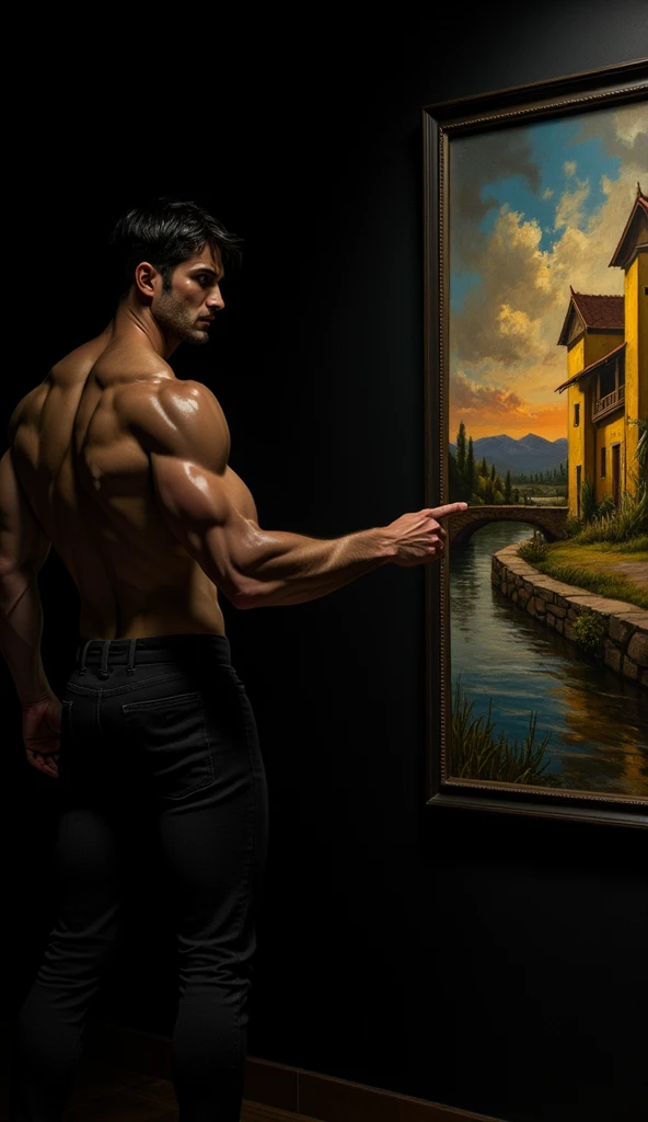 A nude angry faceless man breaking his picture frame where he's in using a big pencil