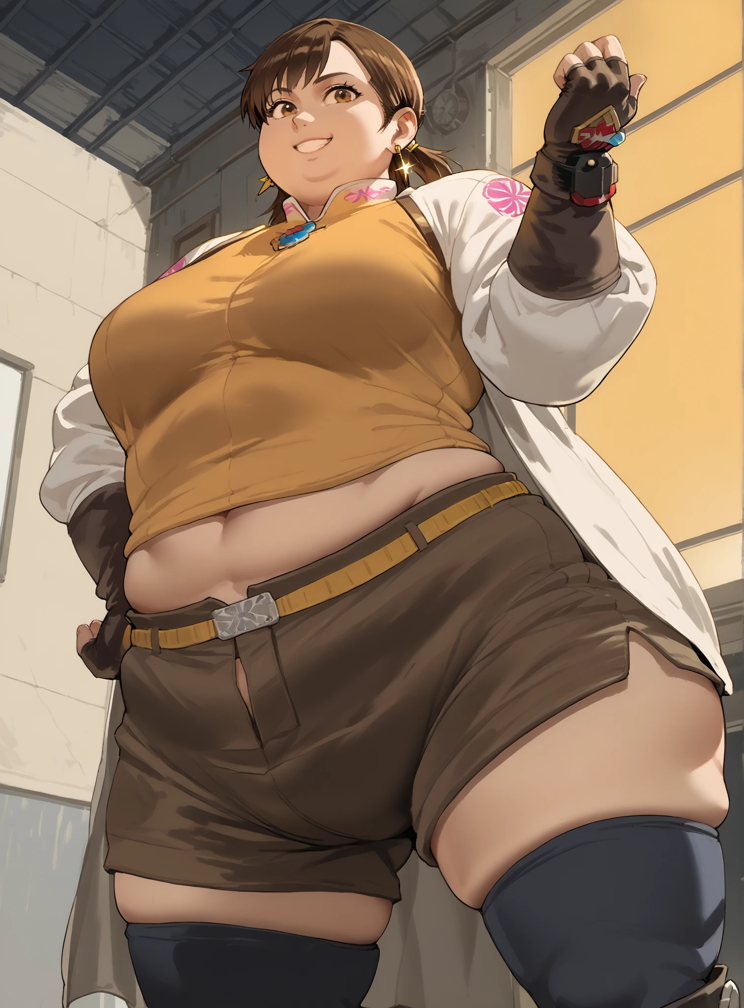 score_9, score_8_up, score_7_up, score_6_up, score_5_up, score_4_up , BREAK source_anime,anime screencap,anime_coloring,anime_lineart, smile, gloves, brown eyes, jewelry, earrings, shorts, thigh highs, boots, fingerless gloves, white shirt, smile, midriff, crop top, action posing , dynamic angle,indoors, coat, full body, SSBBW, 500 lbs.