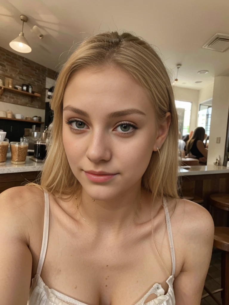 In the image, a 19-year-old girl radiates joy and freshness as a special guest on a popular streaming channel. With an extremely fair complexion and fine features, her face exudes youth and delicacy. Her blonde hair is pulled back into a high ponytail, adding a youthful touch to her appearance. Her light blue eyes shine with vitality, reflecting her infectious enthusiasm. Sitted in a restaurant with sexy light smile. Everyday amateur picture posted on onlyfans, low quality jpeg, (candid, biting:1.1), soft lighting, realistic lighting, low contrast.
