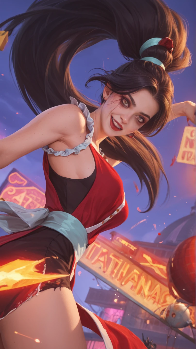 Kimberly, black hair, brown eyes, long braids, two-tone hair,
bow hairband, red shirt, puffy short sleeves, midriff , arm wrap, black hip vent, scarf, black legwear,
standing, upper body,
streets, night, graffiti, urban,
looking at viewer, grin,
(insanely detailed, beautiful detailed face,beautiful detailed eyes, masterpiece, best quality), solo,
absurdres, highres, ultra detailed,
BREAK
, Create an image using a prism effect, with light refracting and creating a colorful, kaleidoscopic appearance.
BREAK
, Design an image with a fisheye lens effect, capturing a wide field of view with a distinctive, curved perspective.
BREAK
, Capture a city scape, with towering buildings, dappled sunlight, and a sense of tranquility and natural beauty.
BREAK
, Illustrate a vivid world, using spray paint shades to convey depth, emotion, and a striking visual impact.