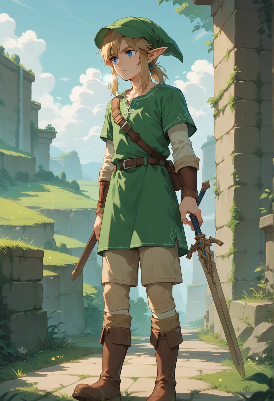 Blonde hair, breath,  Green tunic , blue eyes, elf ears,  Green tunic , looking at the sky, brown boots, standing character, link, anime,brown sword cover on the back,shorts verde,,Green cap,Raised head 