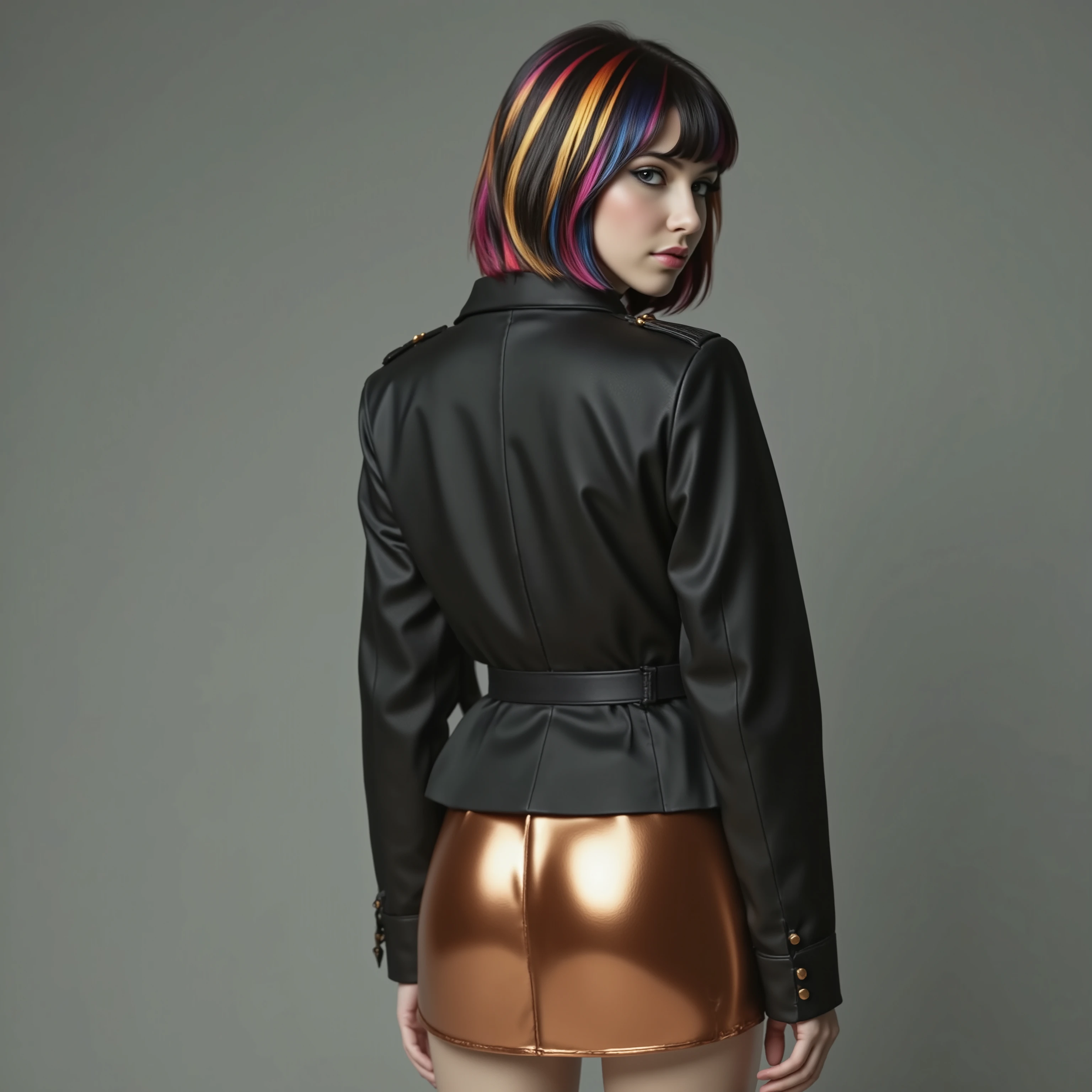 Sura has copper-to-black ombre dyed hair, with further blonde and silver streaks. hair with a front fringe and bangs.