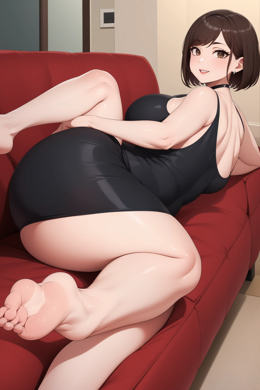 woman with, by the median, black color, Red eyes, serious look, con un dividí black color, big breasts, sitting on the edge of the bed with blue sheet, showing her legs, and raising the, shown her soles. 3D